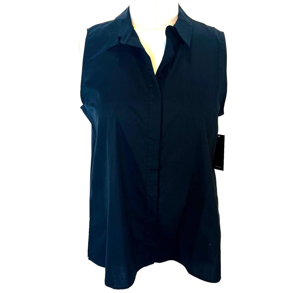 Alfani NWT Sleeveless Blouse Women XXL Black Collared Button-up Cotton Relaxed